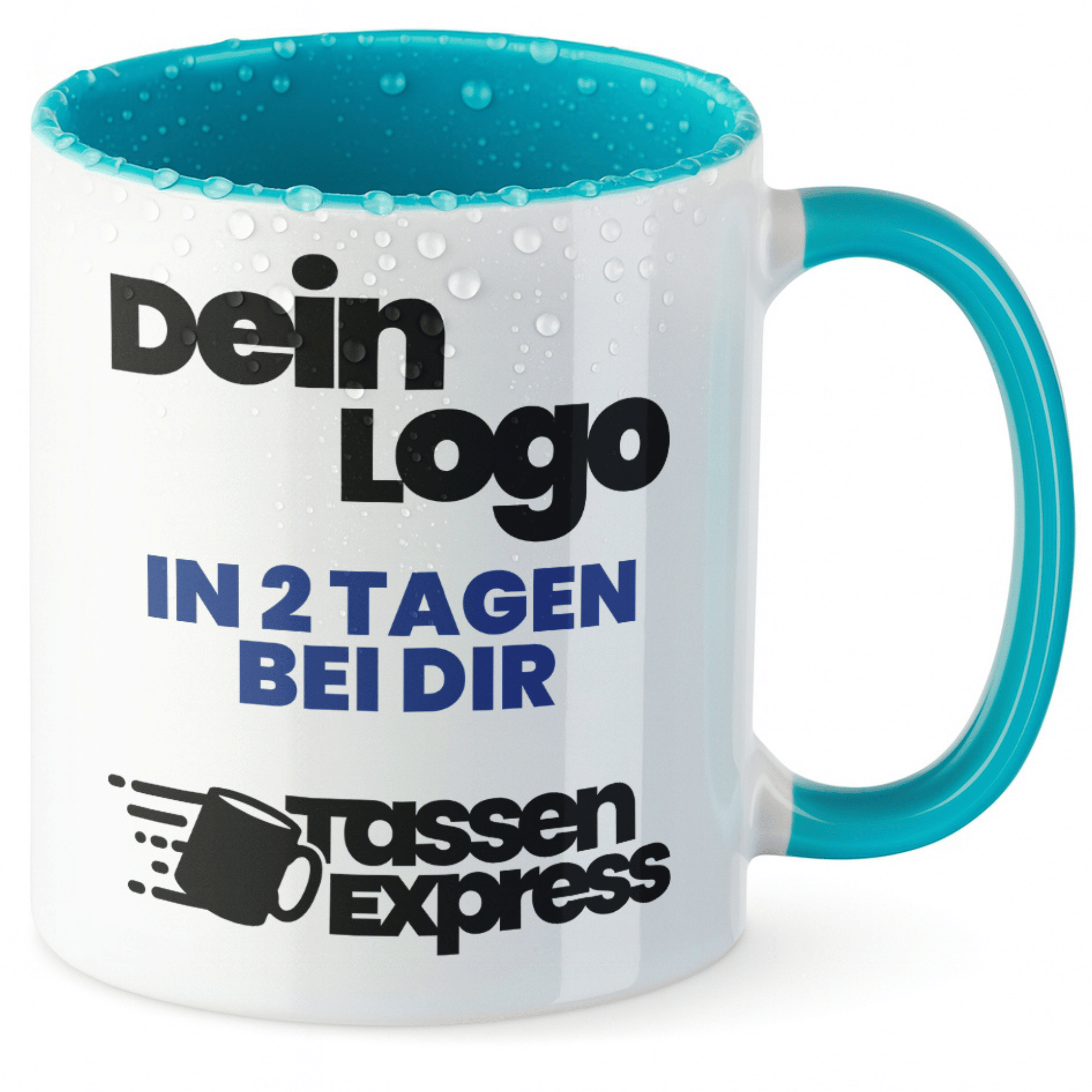 #Farbe_Türkis
Türkiese Keramik-Tasse mit Logo bedruckt. Jetzt Tasse mit Firmenlogo bedrucken lassen