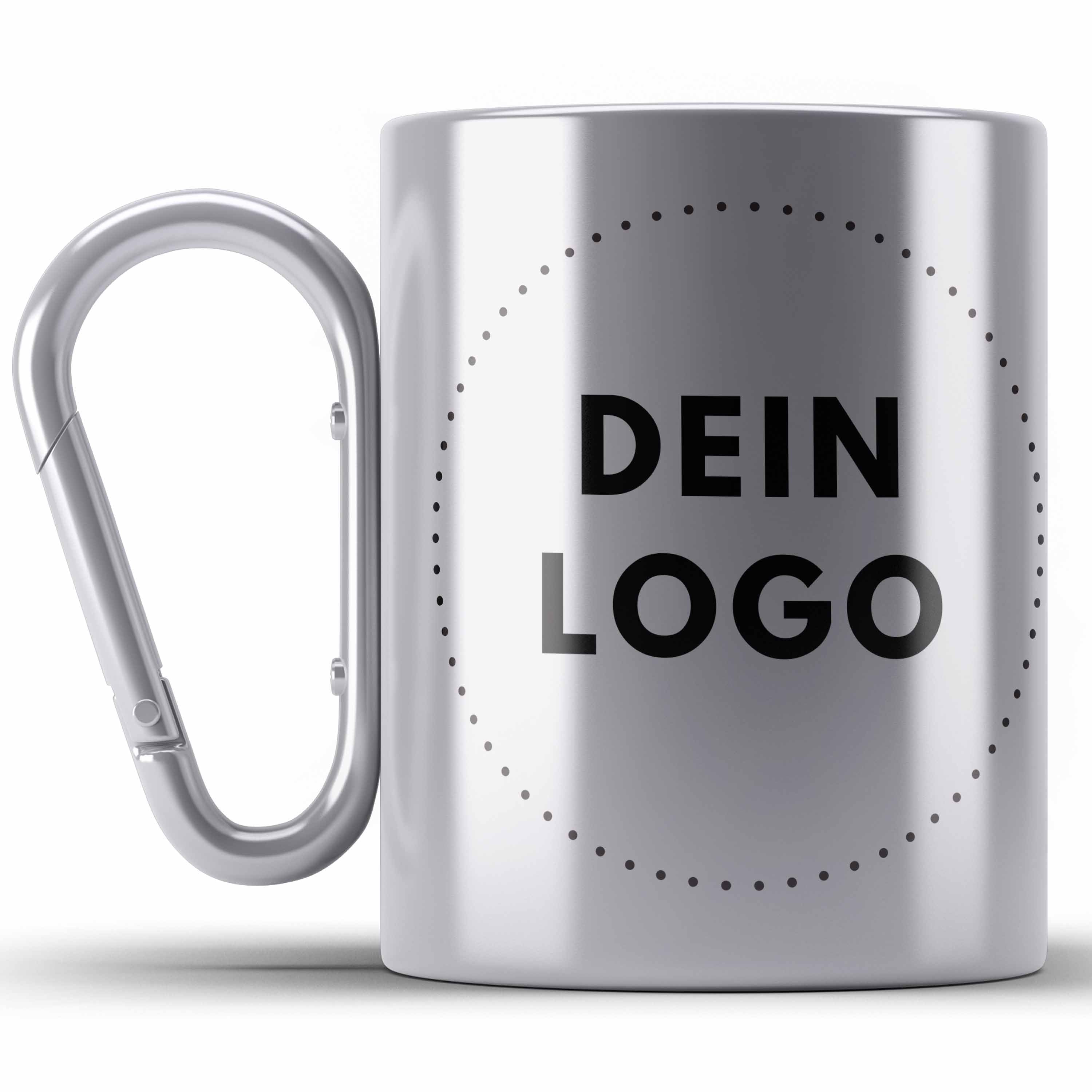 #Farbe_Silber
Rote Edelstahl Karabiner-Tasse mit Logo bedruckt. Jetzt Tasse mit Firmenlogo bedrucken lassen