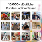 Collage: Kundinnen und Kunden mit ihren bedruckten Tassen von TassenExpress